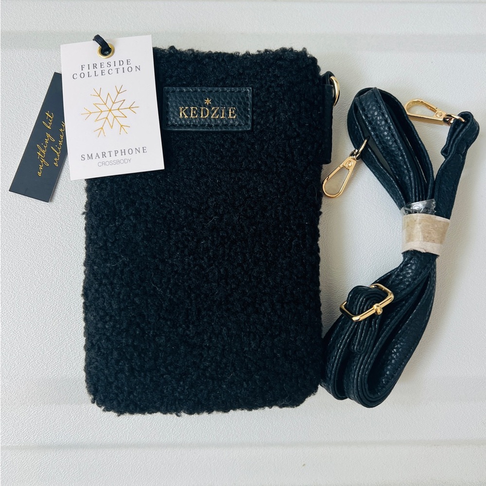 Kedzie Fireside Collection Phone Black Crossbody Vegan Sherpa NWT